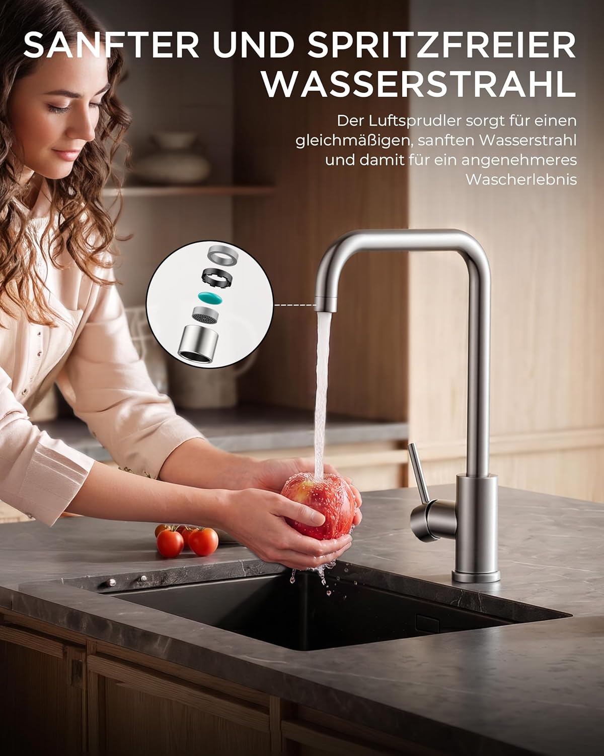 Thumbnail 6 de FORIOUS Küchenarmatur Edelstahl 304 – 360°-Schwenkarmatur für 1 Loch mit Einhebelbedienung, L-förmig, 371 mm Höhe