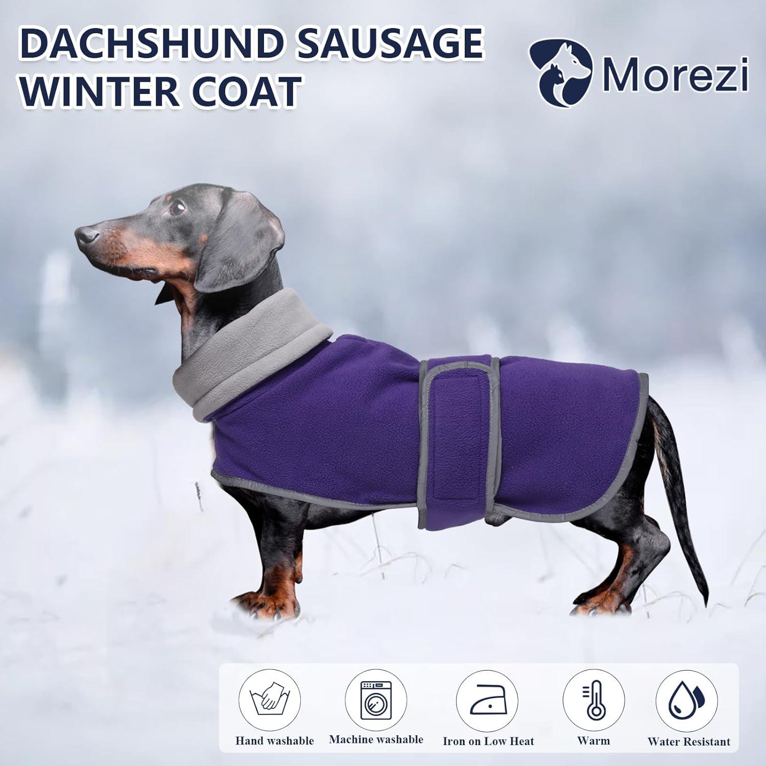 Thumbnail 1 de Morezi Dachshund Fleece Winter Coat (Purple) for Sausage Dogs with Hook-and-Loop & Safety Stripe