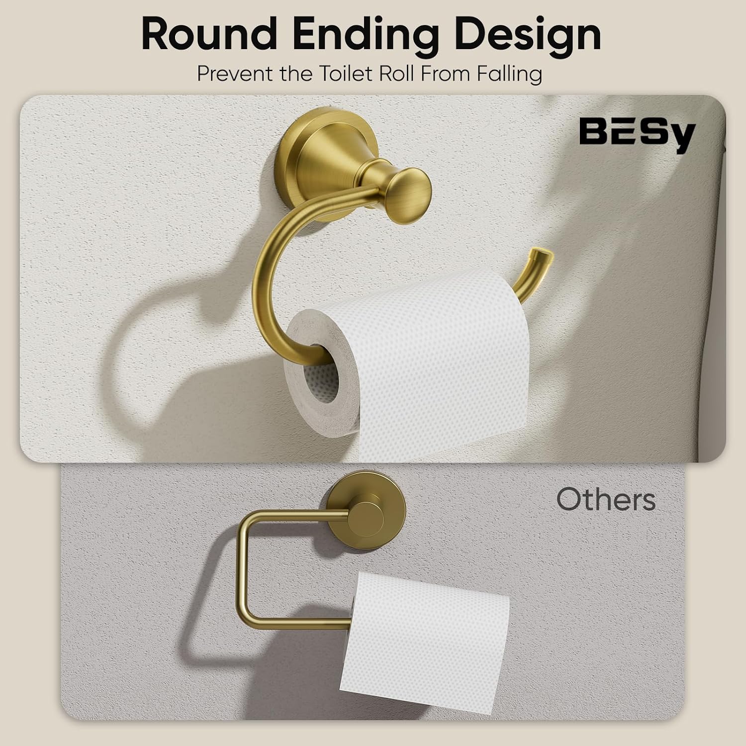 Thumbnail 6 de BESy Brushed Gold Toilet Paper Holder – Round Wall Mounted, Rustproof & Durable