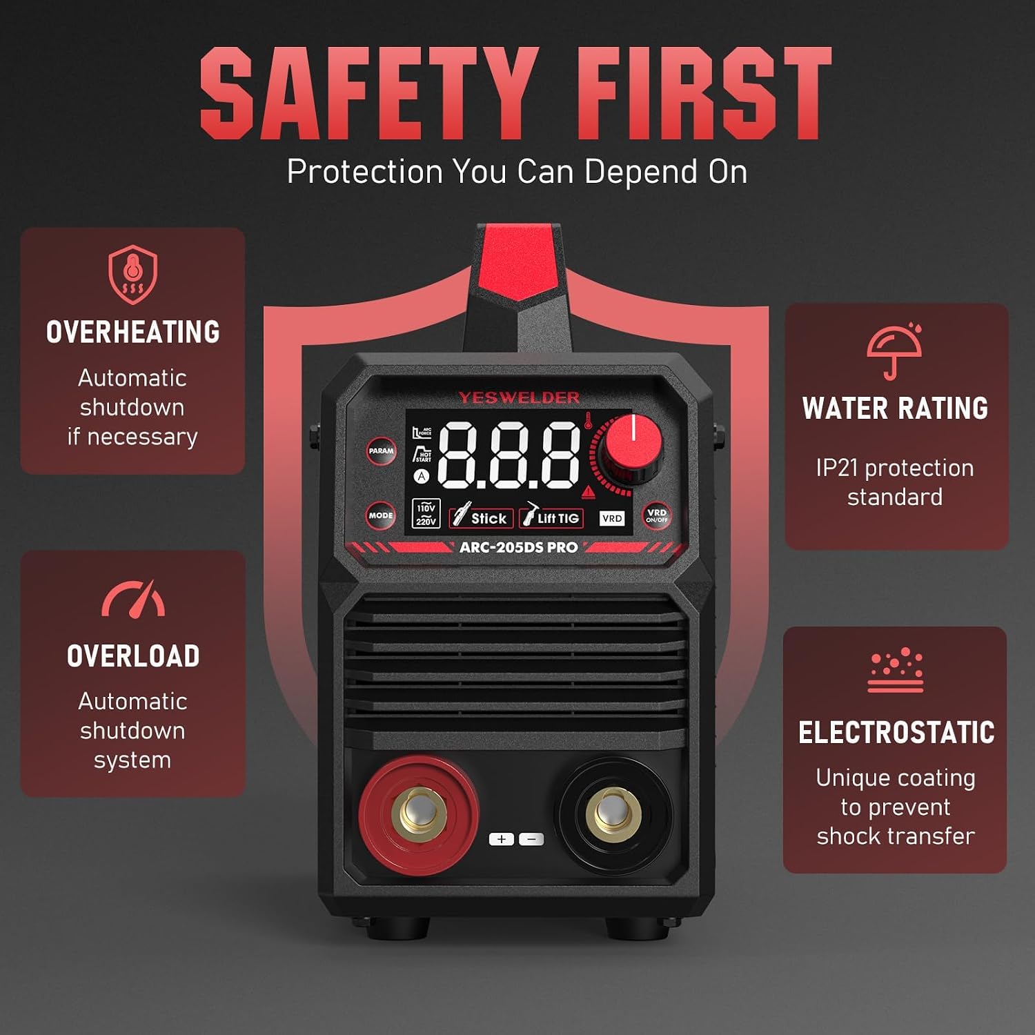 Detalle de YESWELDER 205Amp Stick Welder with Large LED Display and Lift TIG Torch
