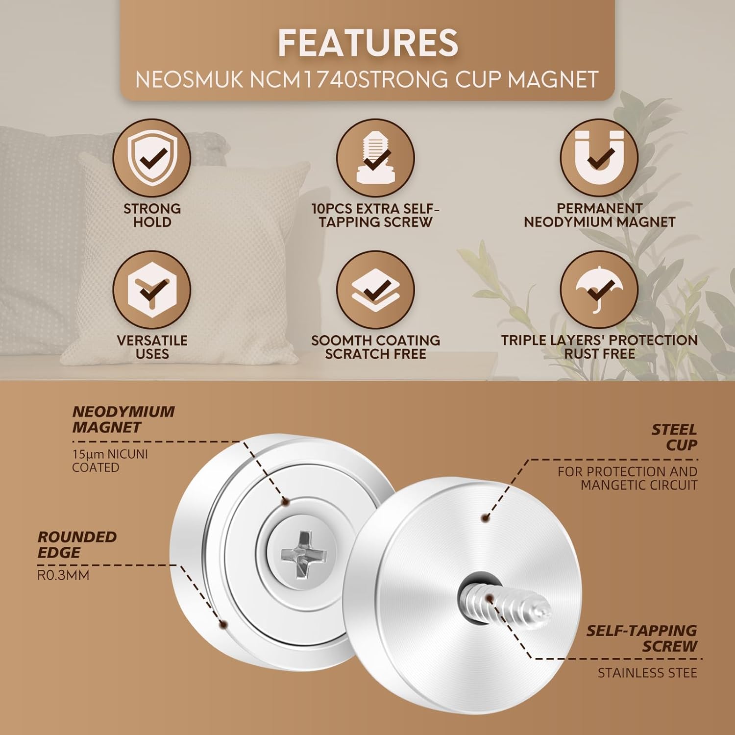 Thumbnail 6 de Neosmuk Magnets with Hole, 10kg: Heavy-Duty Round Cup Magnets for Walls and Tool Racks (Pack of 10)