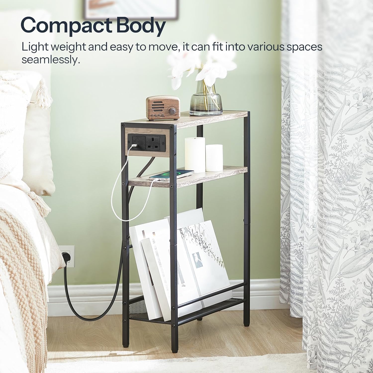 Thumbnail 4 de HOOBRO Slim Side Table with Charging Station (EBG102KBZ01) – Narrow 3-Tier Bedside Table for Small Spaces