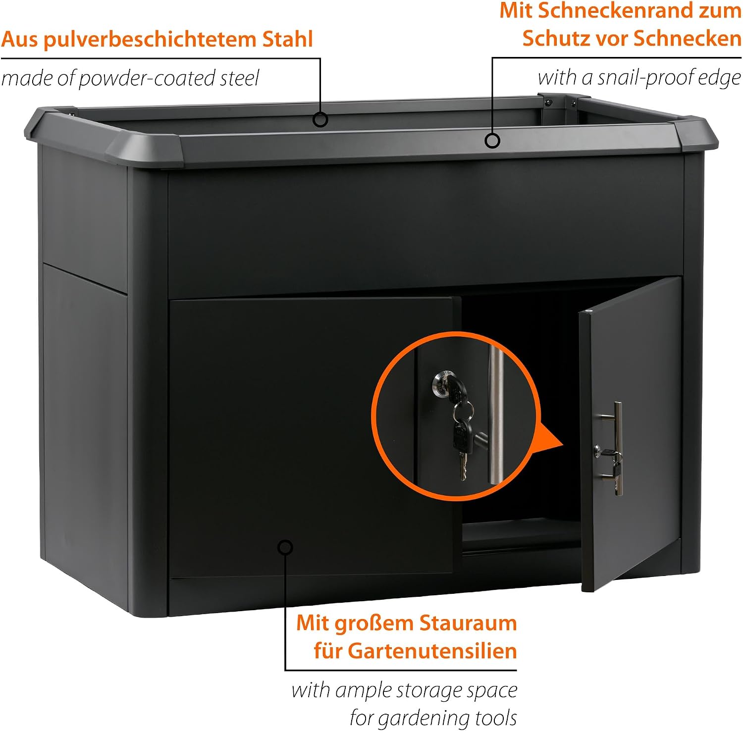 Detalle de dobar XL – metalowa podwyższona grządka 125 l z szafką i krawędzią ślimakową