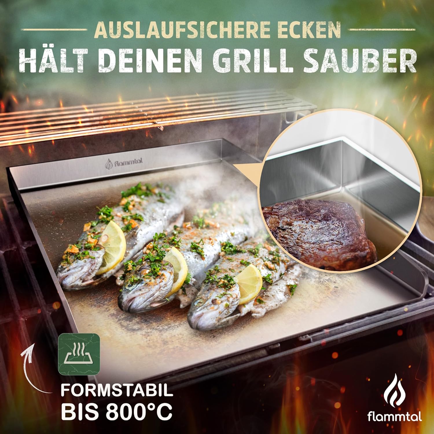 Thumbnail 2 de flammtal Grillplatte aus 4 mm rostfreiem Edelstahl (40 x 30 cm) inkl. Grillspachtel-Set & Burgerpapier