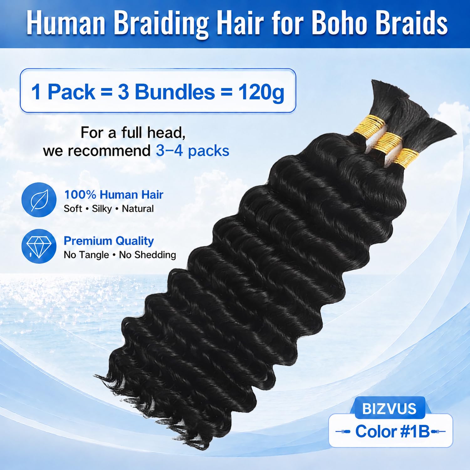 Detalle de BIZVUS 110g 18-Inch Deep Wave Boho Braiding Hair (3 Bundles) in Natural Color #1B