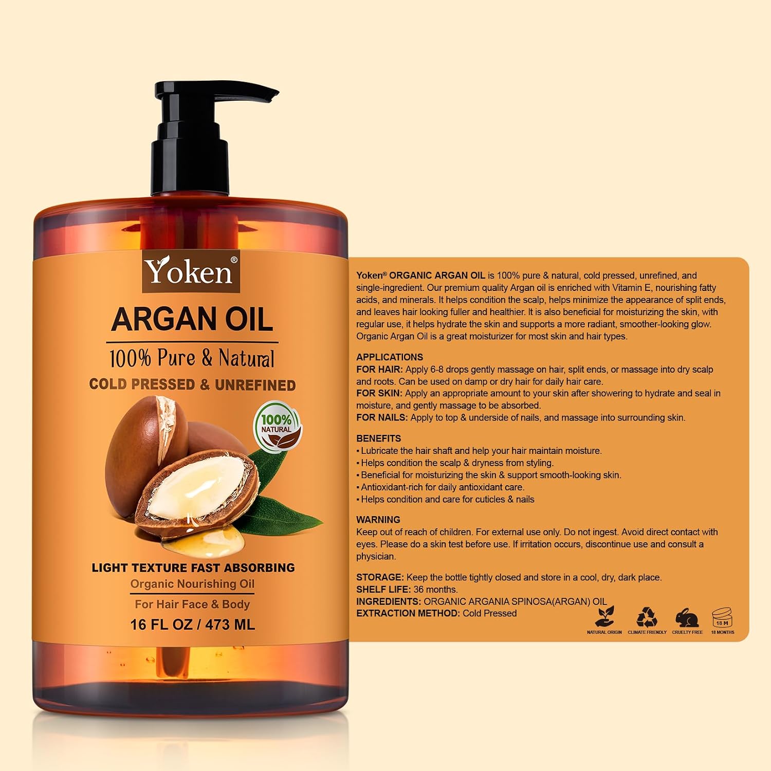 Thumbnail 6 de Yoken Pure Argan Oil (16 fl oz) — 100% natural cold-pressed Moroccan argan oil for hair, face, scalp, nails & body