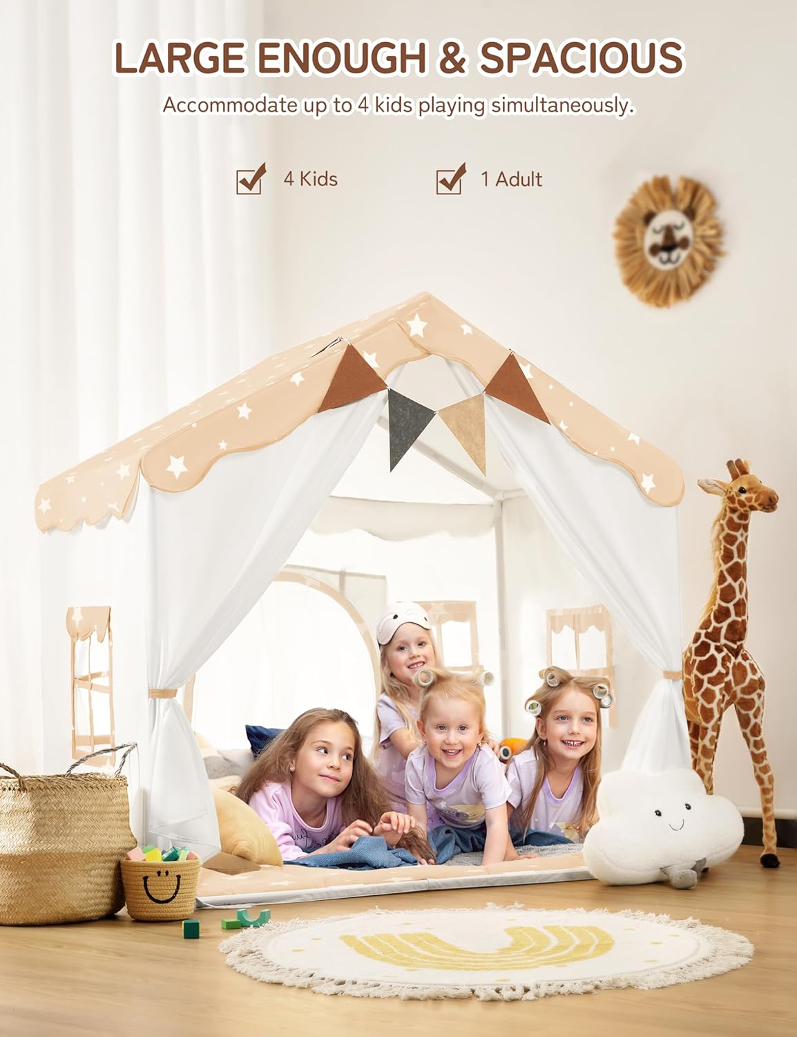 Thumbnail 5 de Besrey Kids Play Tent 2-in-1 (51 x 35 x 51 in) with Padded Mat and Lights, Double-Door Kids Playhouse