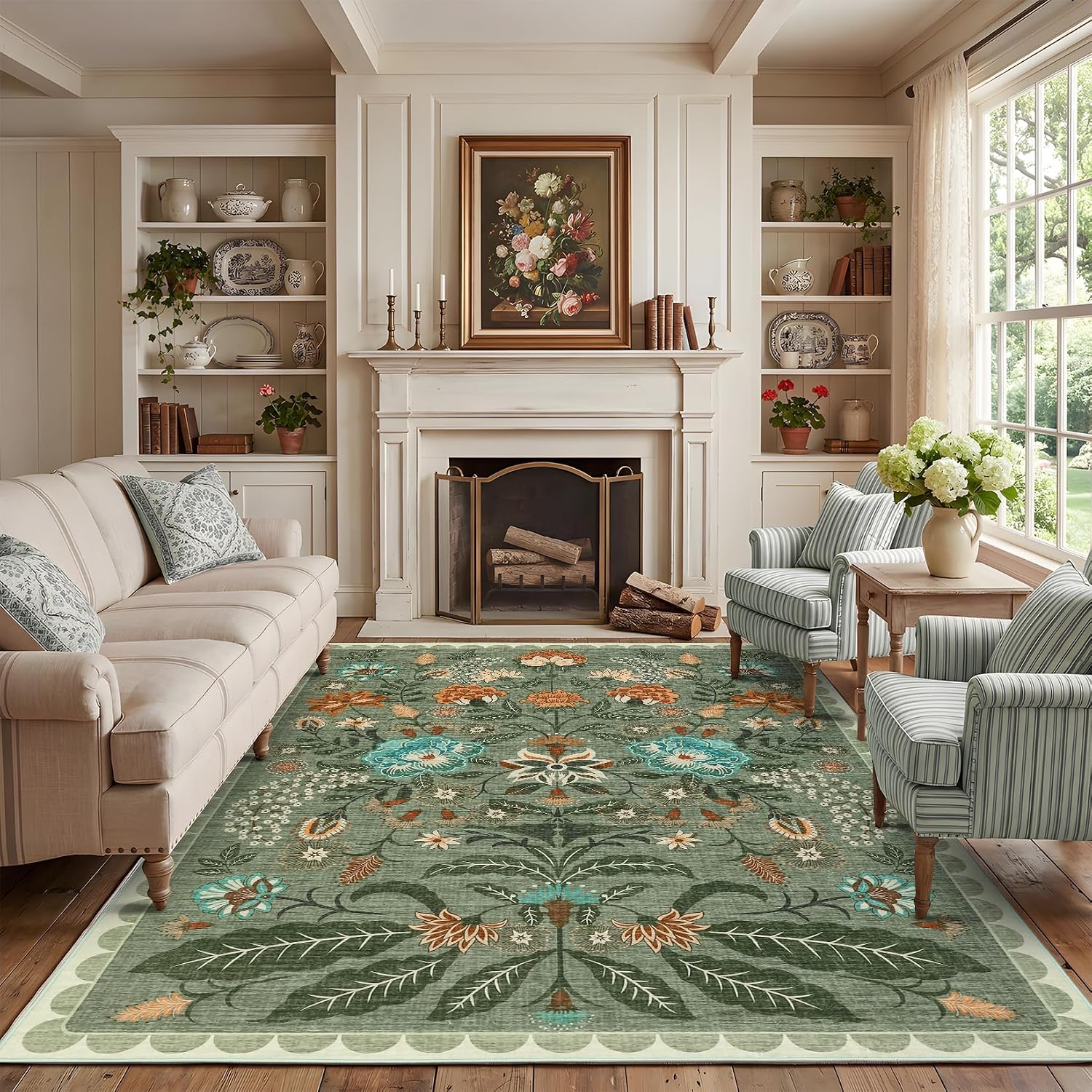 Detalle de Garvee 8' x 10' Sage Green Washable Low-Pile Floral Area Rug
