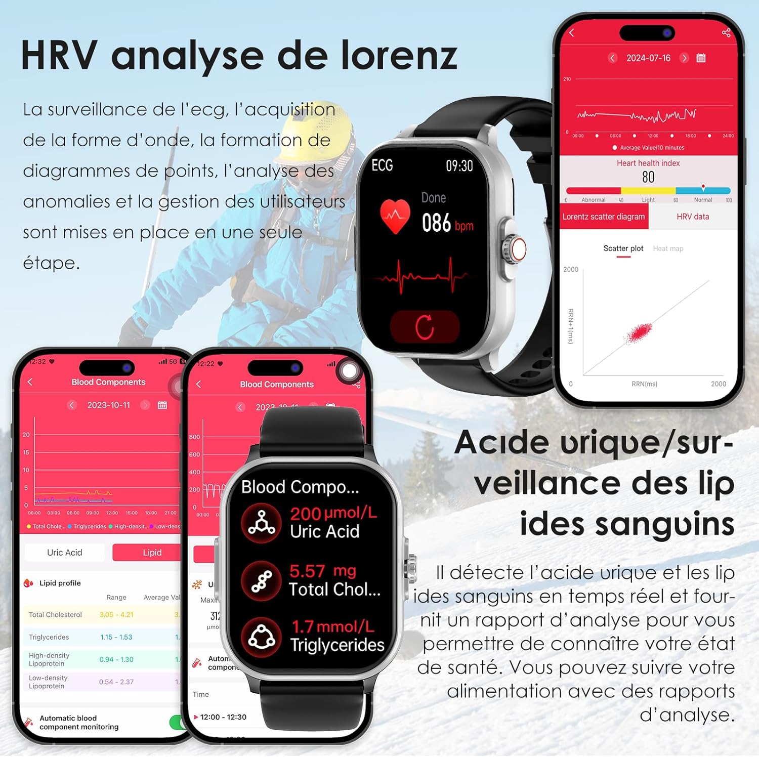 Thumbnail 2 de YYKY Montre Connectée Santé avec ECG, HRV et Pression artérielle – 2,01'' – Suivi 24h & Notifications