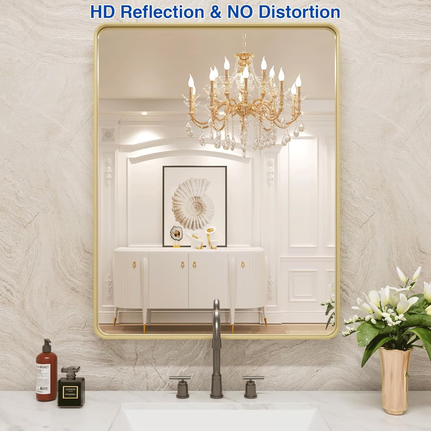 Detalle 2 de WEER Gold Bathroom Mirror, 24x36 Inch Brushed Gold Frame with Rounded Corners