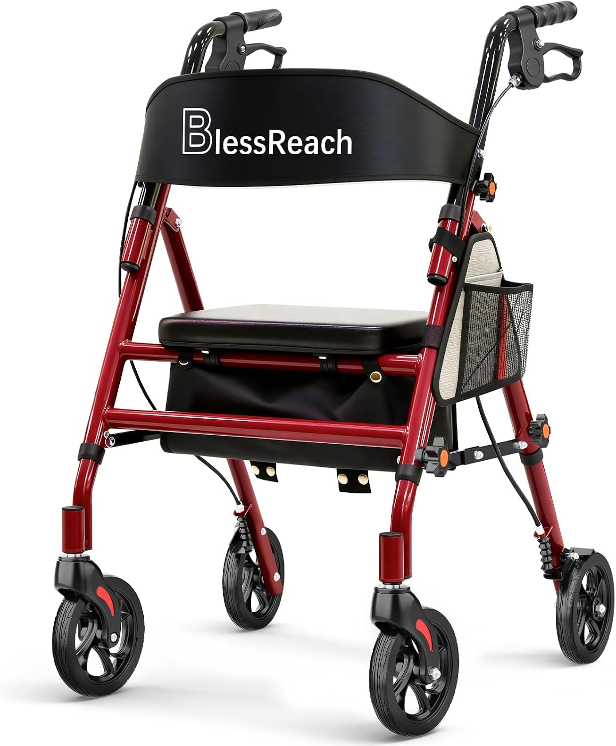 Detalle de BlessReach WB-2411 Rollator Walker with Seat, Red, 300 lb Capacity