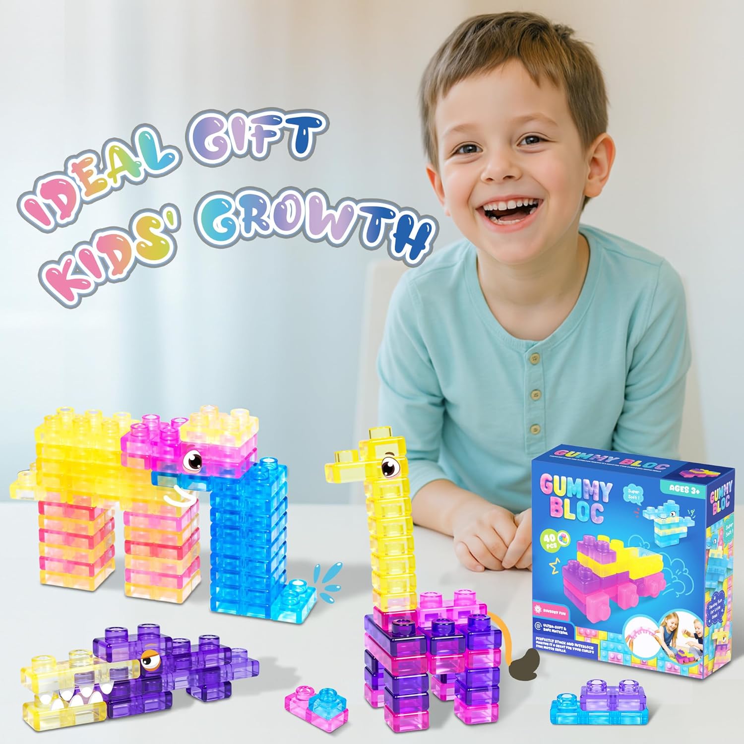 Detalle de JOY SPOT! 40-Piece Sensory Soft Building Blocks for Toddlers (TPE Squishy Stack & Stretch Toy Set)