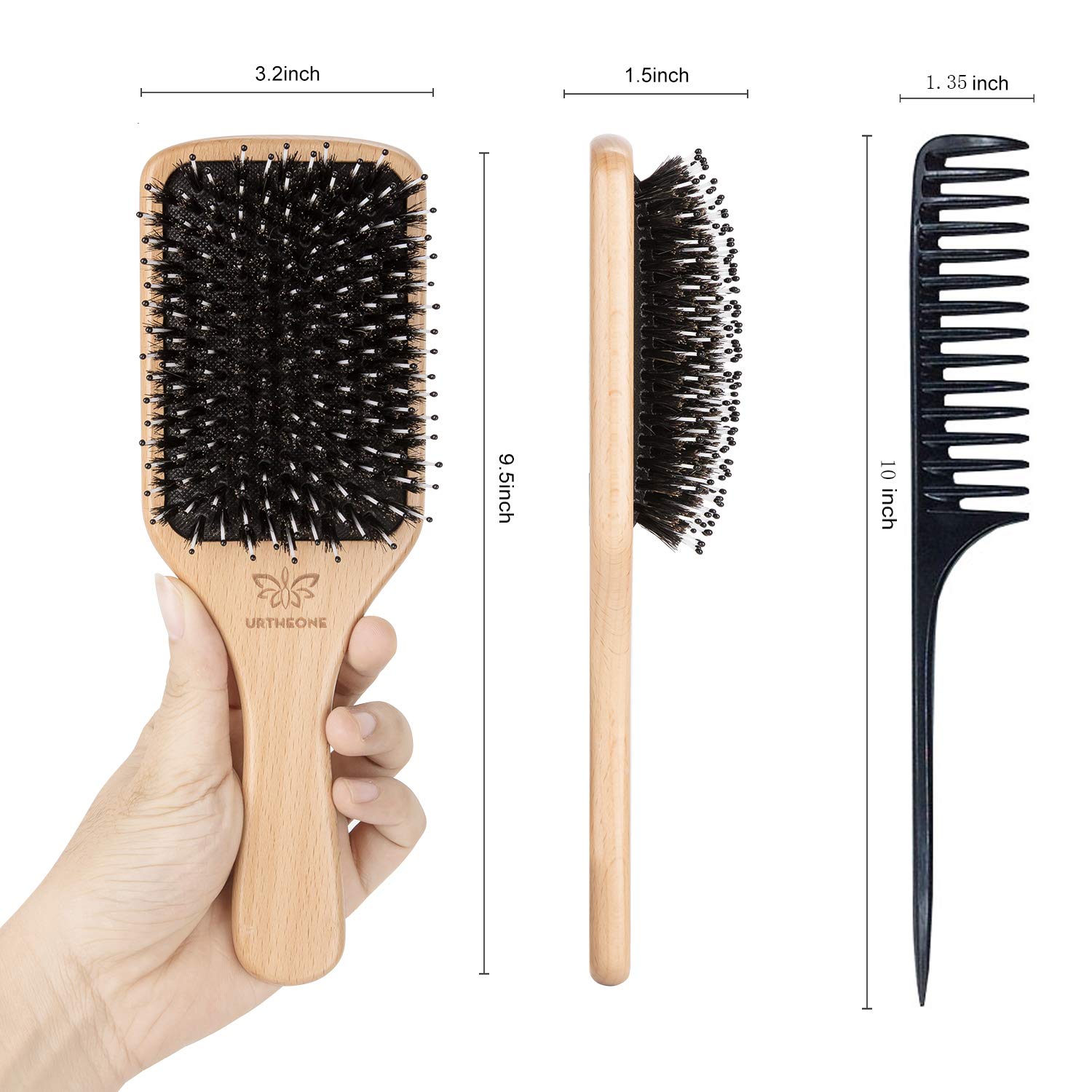 Thumbnail 6 de URTHEONE Boar Bristle Paddle Hairbrush with Wooden Handle and Nylon Tips