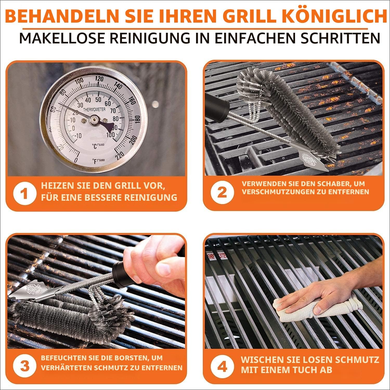 Detalle de BBQ Grill Reinigungsbürste & Schaber – 45 cm Edelstahl-Grillbürste mit Schaber (3-in-1) für Weber Gas/Holzkohle/Elektro/Infrarot