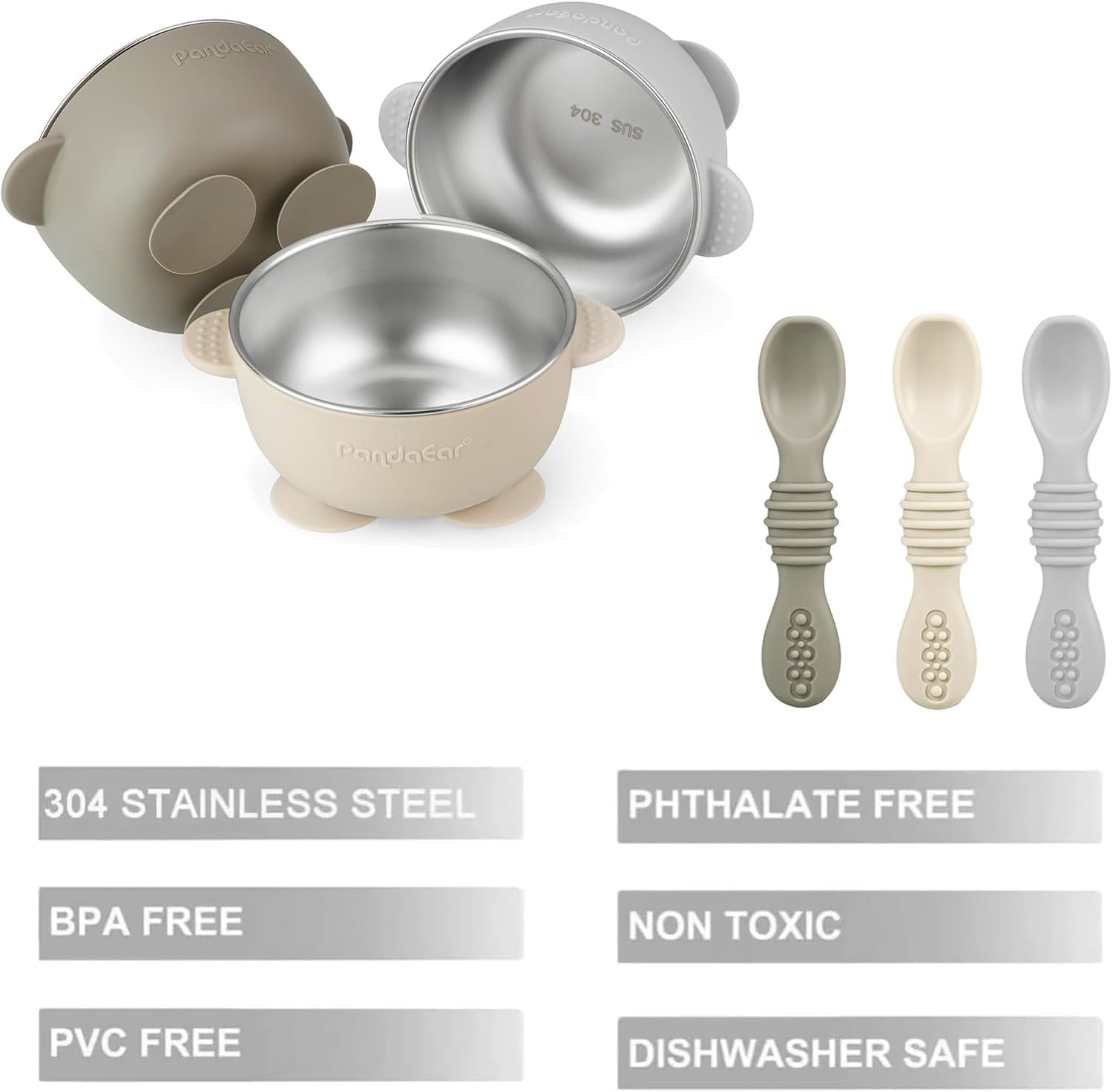 Detalle 2 de PandaEar Baby Suction Bowls, set met 3 roestvrijstalen kommen en 3 siliconenlepels