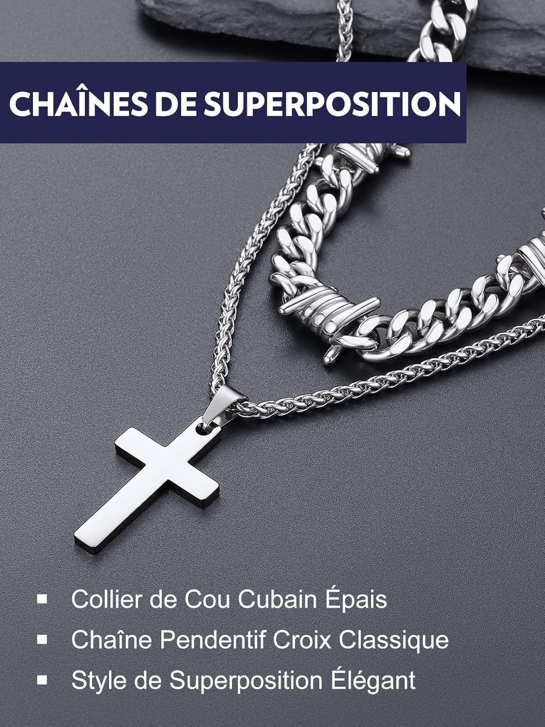 Thumbnail 3 de Bandmax Chaîne Homme Acier Inoxydable Épines et Croix – 40/45/50/55 cm, 9–12 mm (Gothique) – Collier Hip Hop