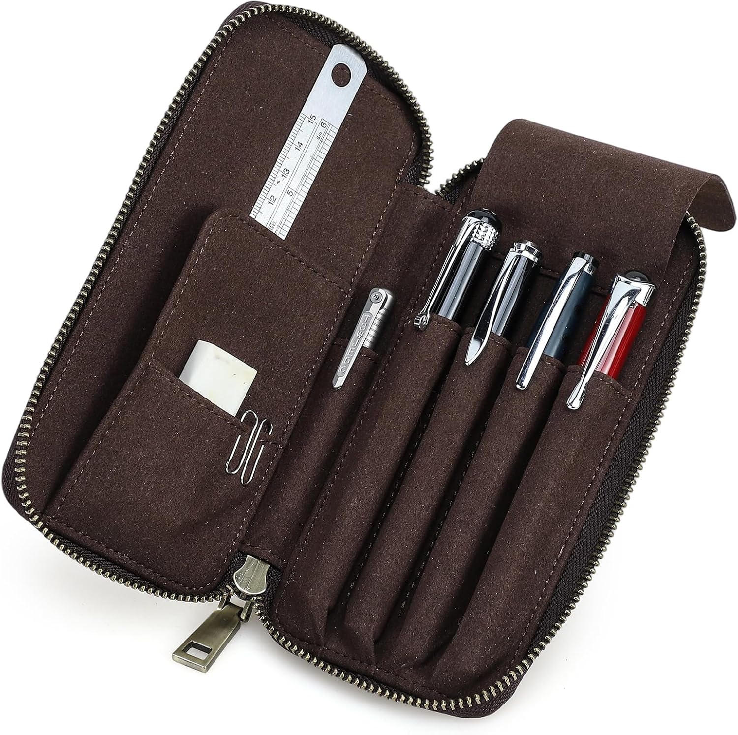 CONTACTS Leather 4 Slots Pens Case Pouch with Zipper Closure