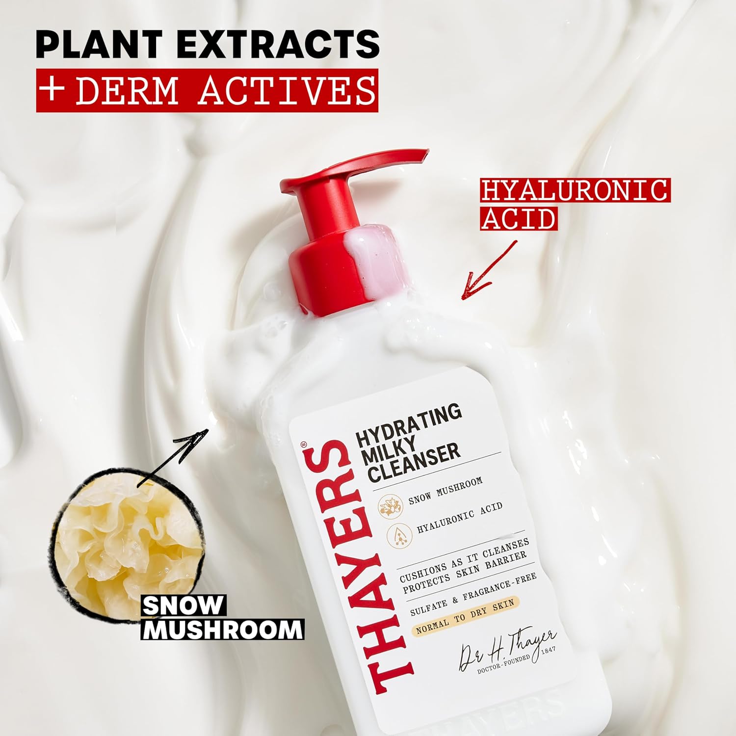 Detalle de Thayers Milky Hydrating Face Cleanser with Snow Mushroom and Hyaluronic Acid (8 fl oz) for Dry, Sensitive Skin
