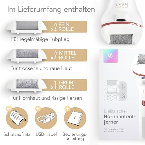 Detalle 2 de Essy Elektrische Fußfeile Wiederaufladbar mit 5 Ersatzrollen (Weiß) – Effiziente Hornhautpflege für Zuhause