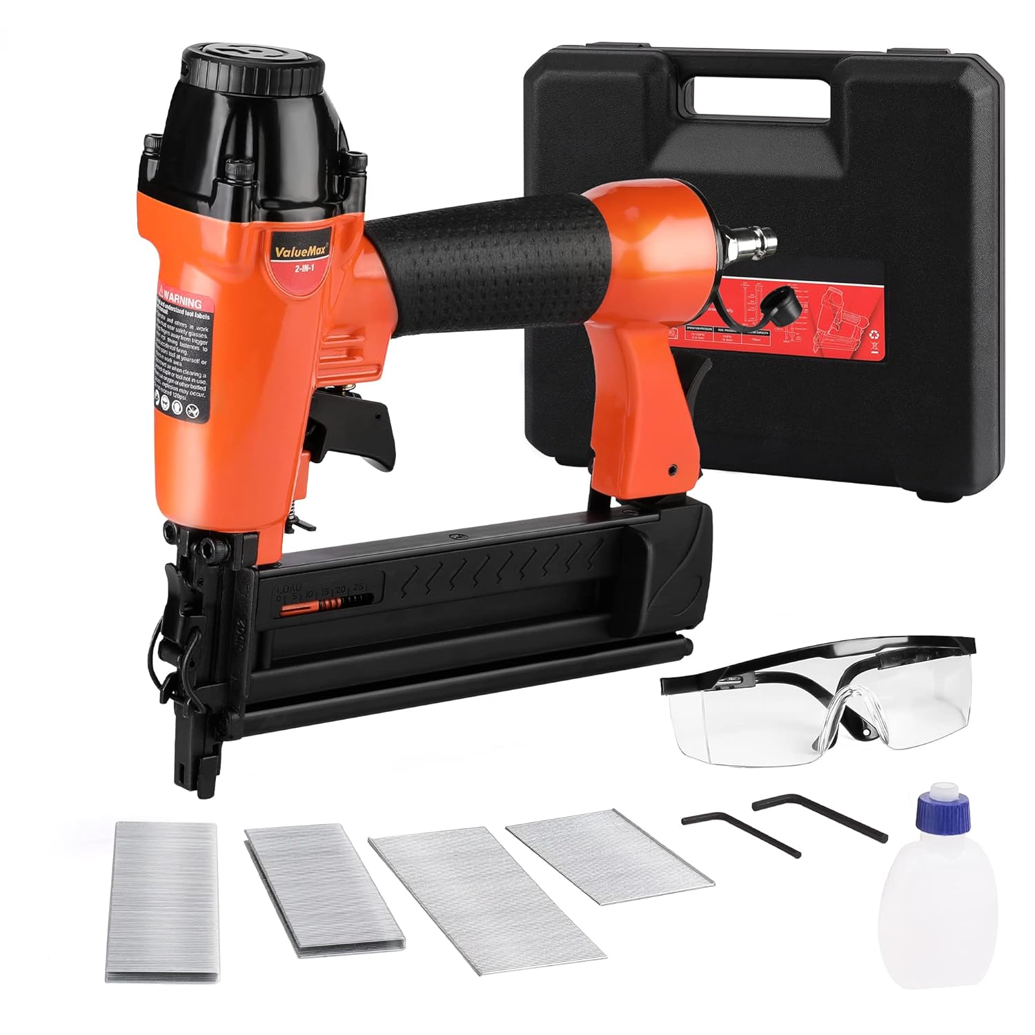 ValueMax chiodatrice pneumatica 2 in 1 per aria compressa con 200 chiodi e 200 graffette, scarico 360° orientabile