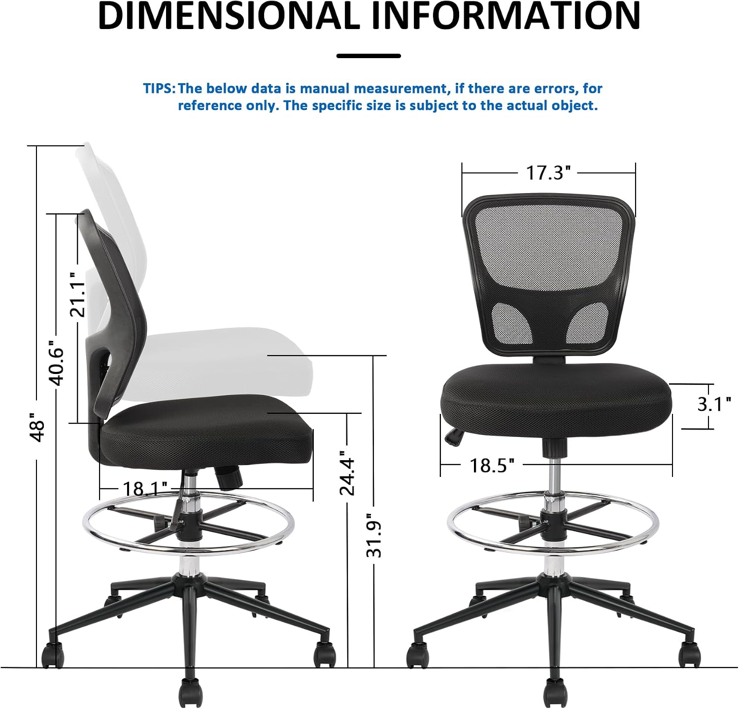 Thumbnail 2 de Armless Drafting Chair Tall Office Chair with Adjustable Height, High Back, Foot Rest, and Rolling Wheels