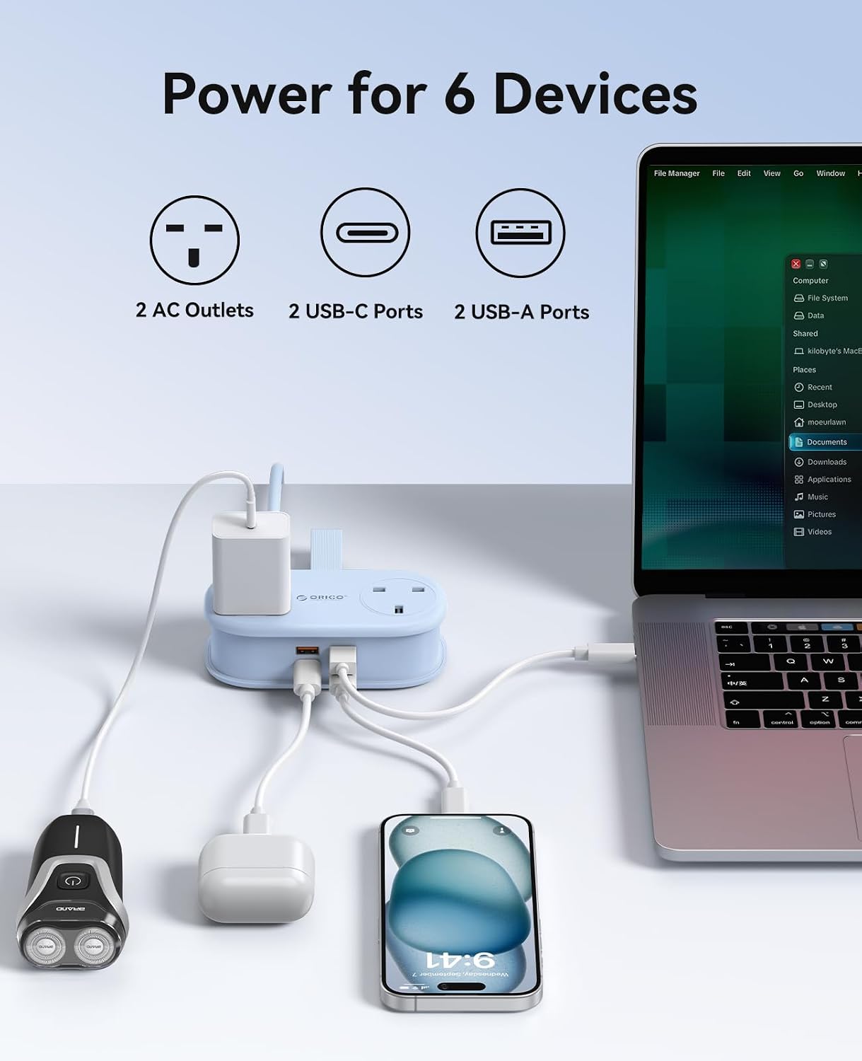 Detalle de ORICO 65W GaN Travel Extension Lead with USB Slots (2 USB-A/2 USB-C) – 6-in-1, 1.6m Cord, Flat Plug
