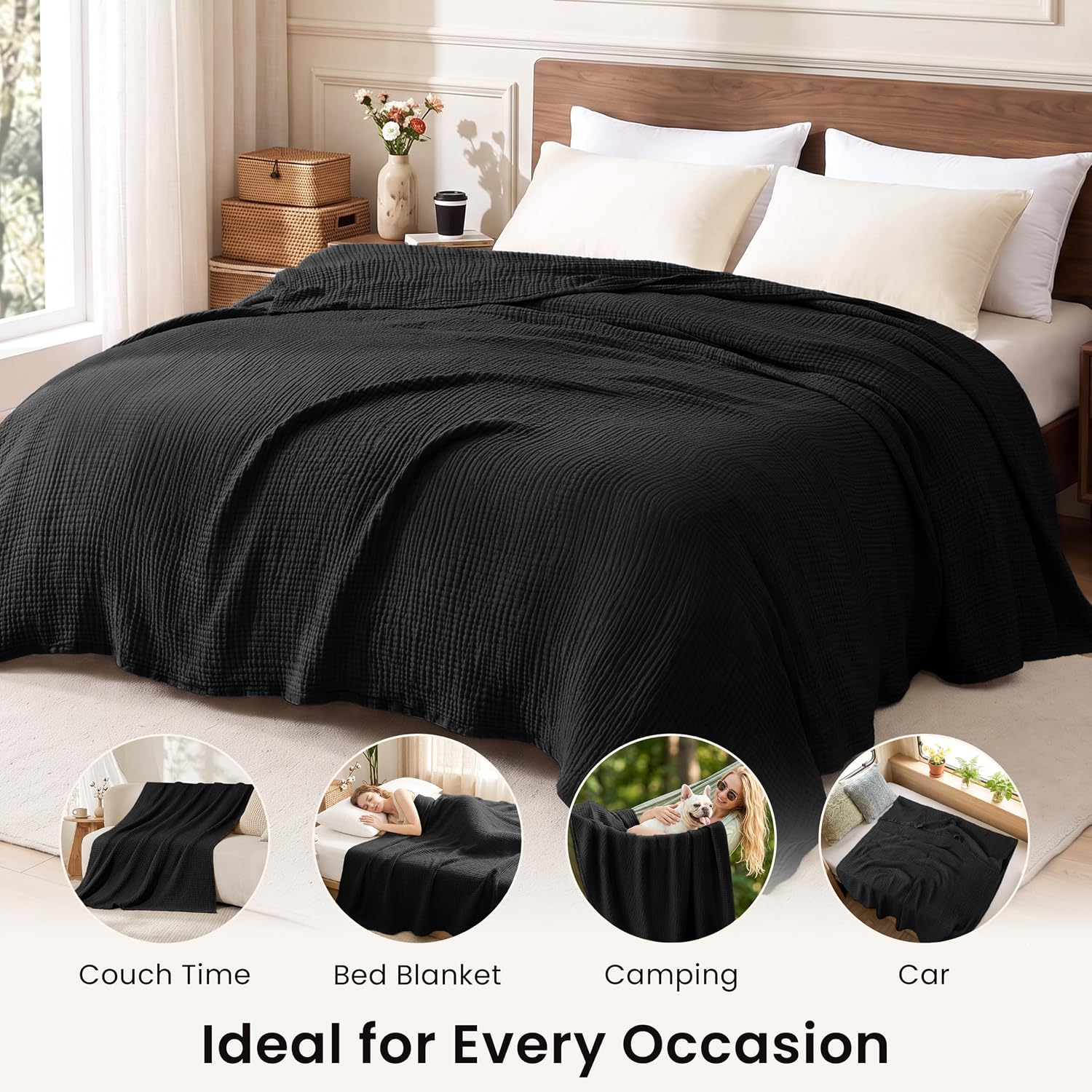 Thumbnail 5 de Love's Cabin 100% Cotton Muslin Blanket — 6-Layer Lightweight King Size (108 x 90 Inches) in Black