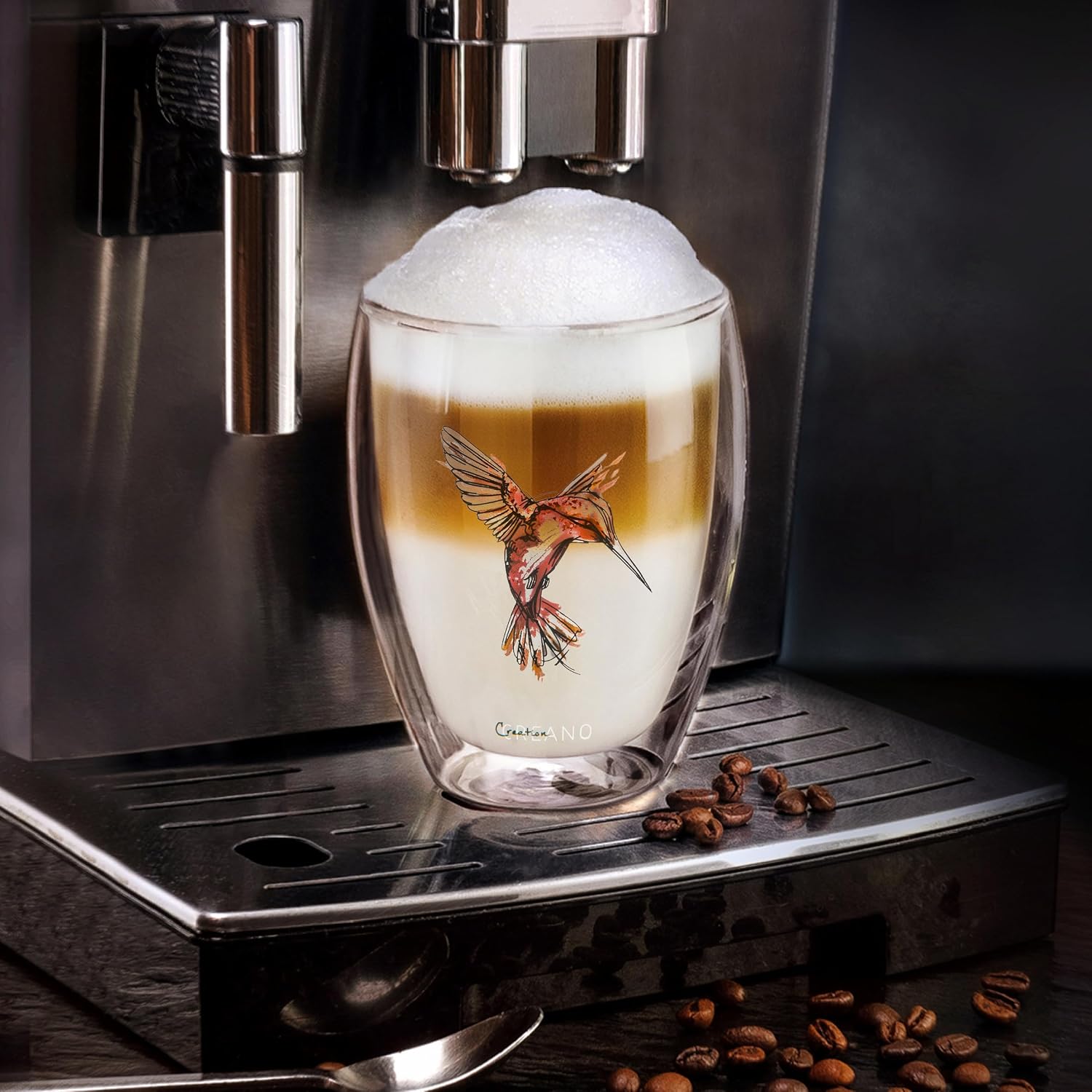 Detalle 2 de Creano 165 dubbelwandig thermoglas 250 ml, rood borosilicaatglas met kolibrimotief