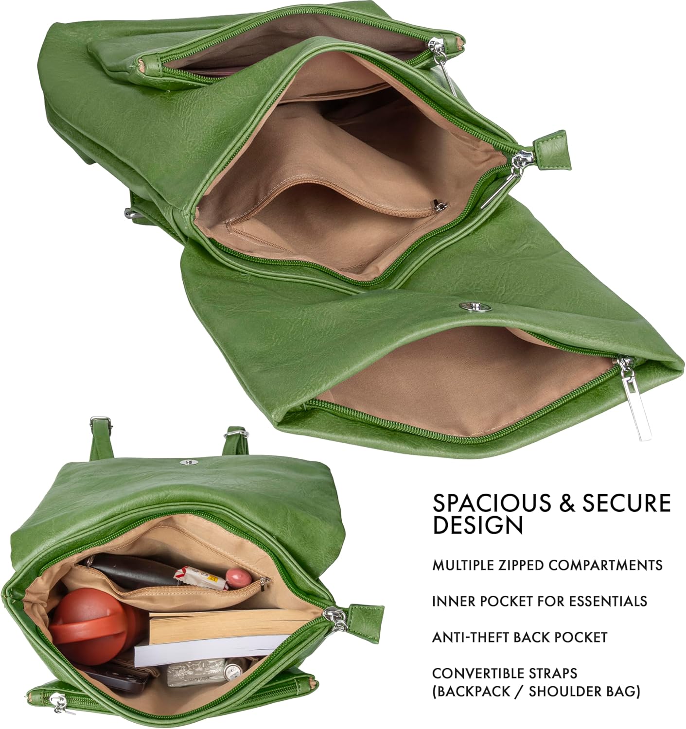 Thumbnail 4 de Woodland Leathers Women's Fashion Small Backpack (Green Roll Top) with Anti-Theft Zipper