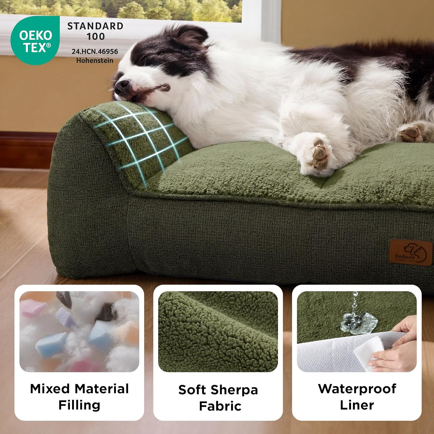 Detalle de Bedsure XL Orthopedic Dog Bed Large (106x76cm) in Dark Green – extra thick sofa-style support
