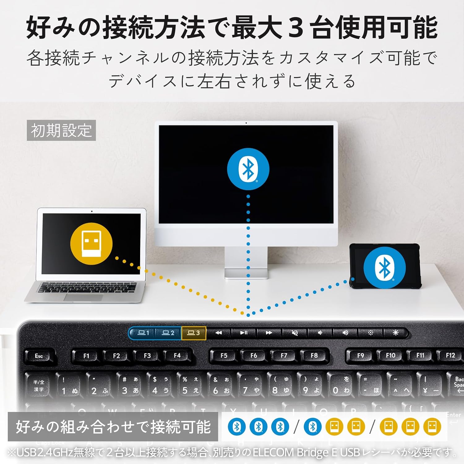 Detalle de エレコム TK-QT11FMMABK 静音フルサイズワイヤレスキーボード 3台接続・テンキー付き