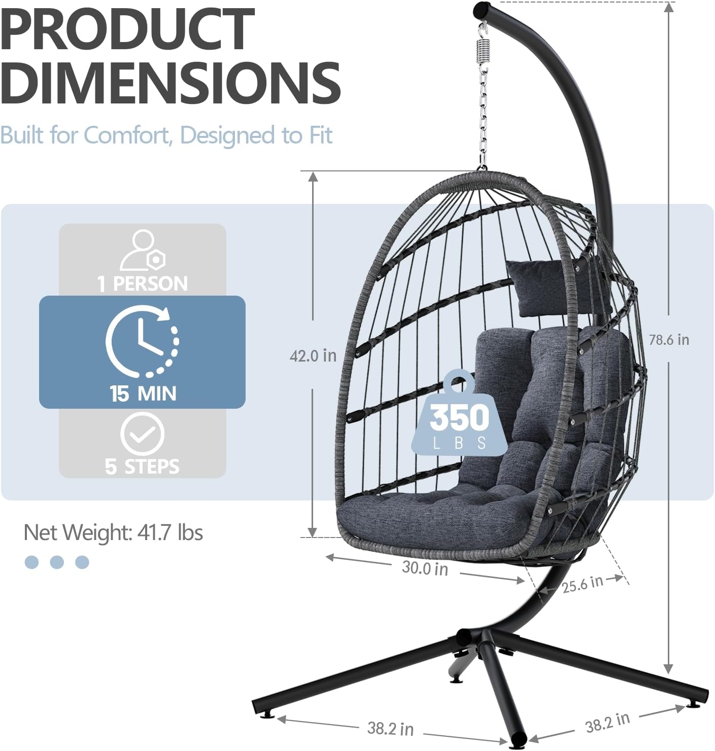 Detalle de SWITTE Egg Chair Outdoor Wicker Swing Chair with Stand, Dark Grey
