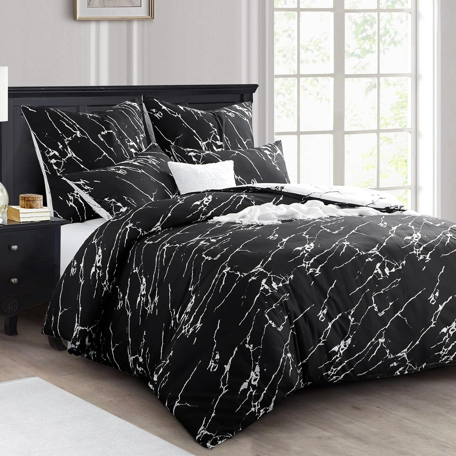 Thumbnail 1 de RUIKASI Bettwäsche 220x240 cm – 3-teiliges Schwarz-Set mit Marmor Muster aus Mikrofaser