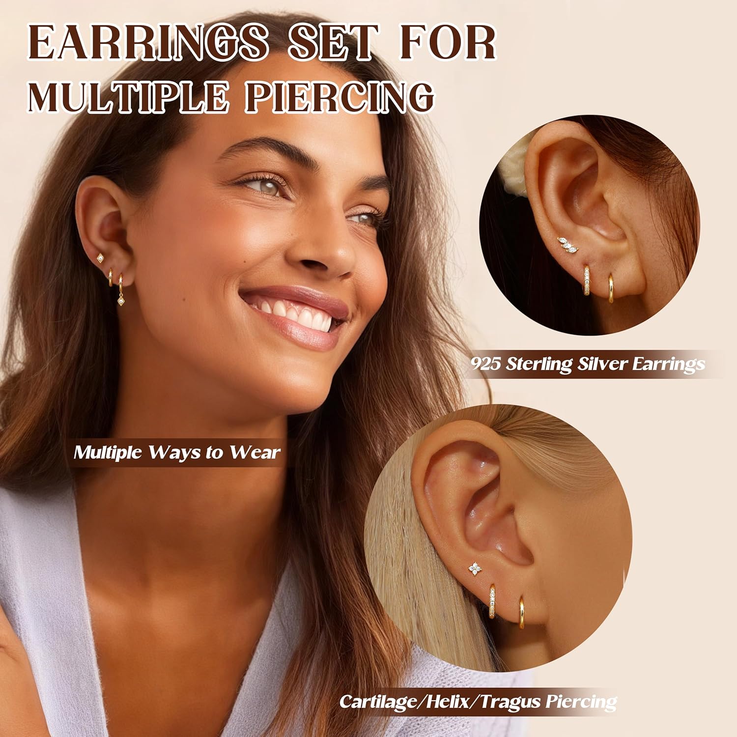 Detalle 2 de Diamday 3 Paar Ohrringe Silber 925 Creolen – hypoallergen und vergoldet