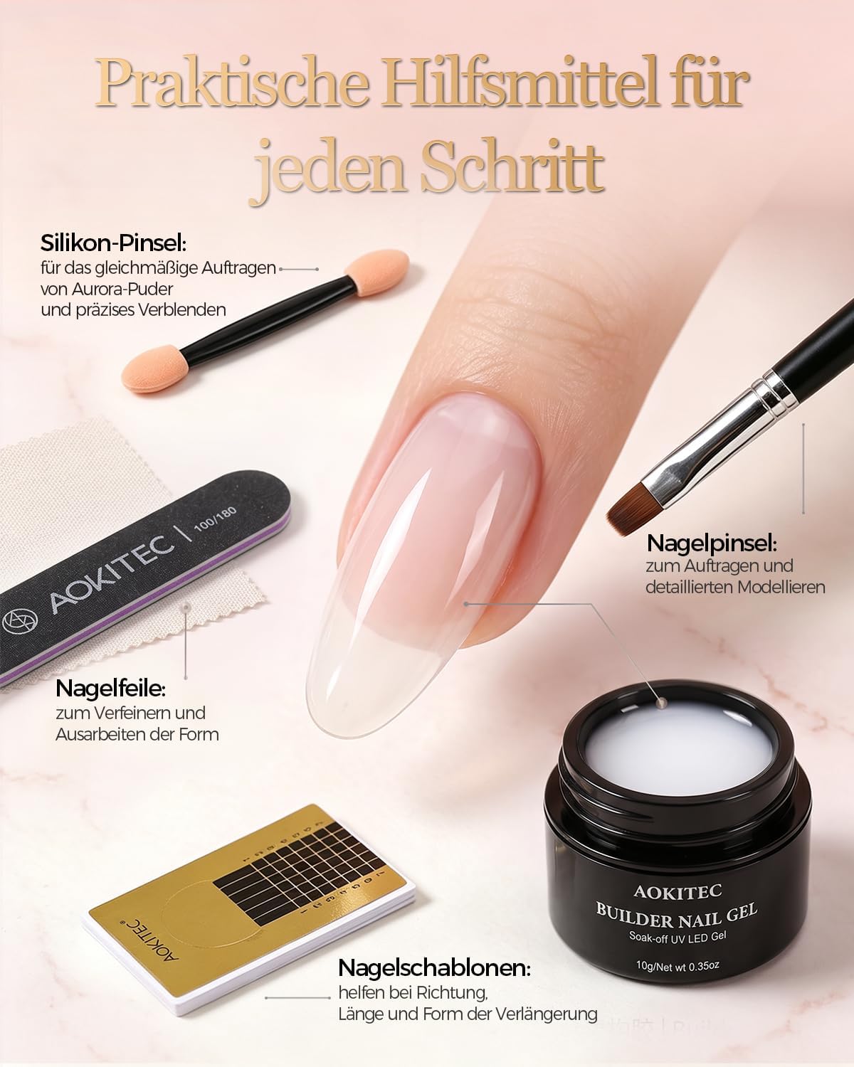 Thumbnail 6 de Aokitec Nudes White Builder Gel Set met aurorapoeder en UV/LED-uitharding