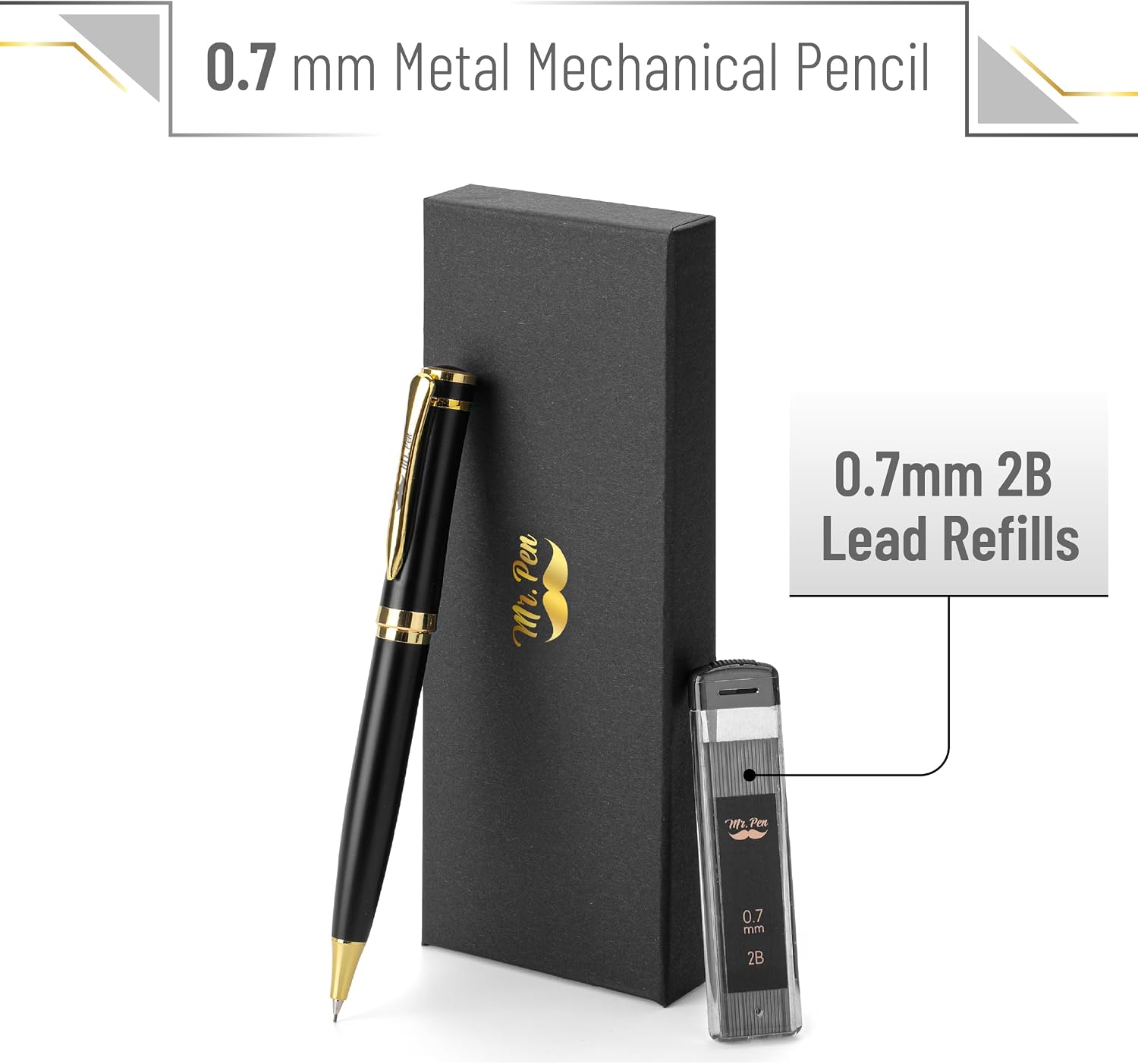 Detalle 2 de Mr. Pen 0.7mm 金属製シャープペンシル ブラック×ゴールド、2B芯ケース・ギフトボックス付き
