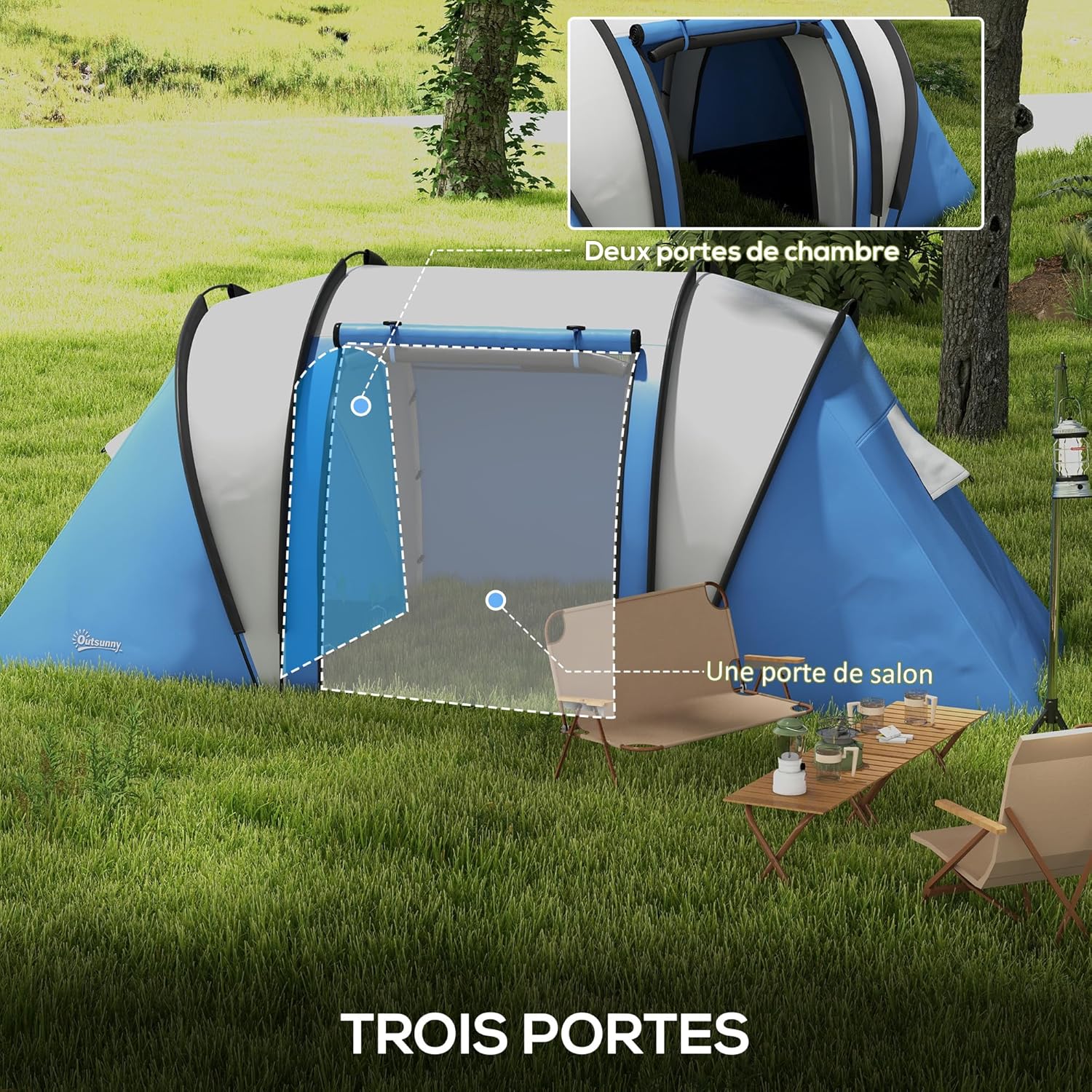 Thumbnail 3 de Outsunny Tente de Camping familiale 4-5 Personnes avec 3 portes et 2 chambres, 3000 mm, montage facile