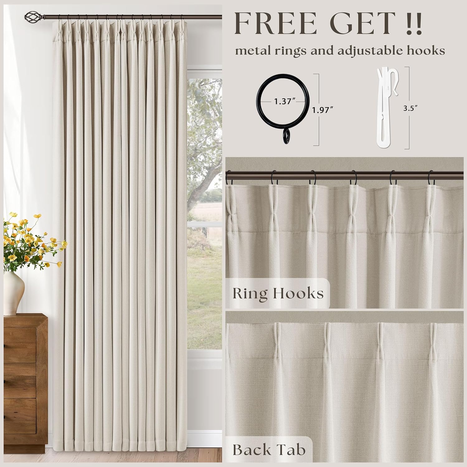 Thumbnail 3 de 105 Inch Blackout Linen Curtains with Pinch Pleat (2 Panels) – Ivory Natural