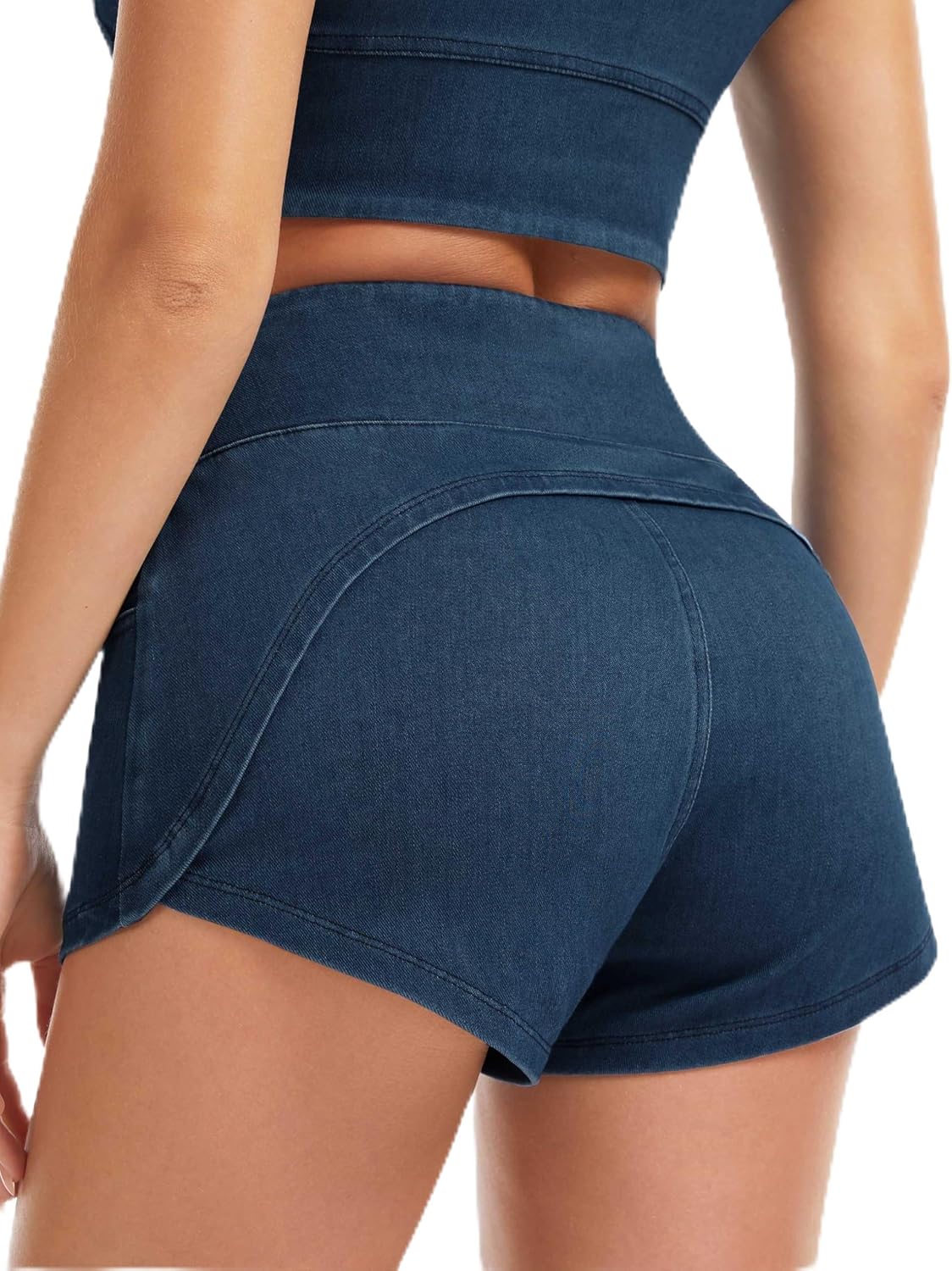 Detalle de THE GYM PEOPLE Women's High-Waist Denim Shorts with Stretch and Side Slits