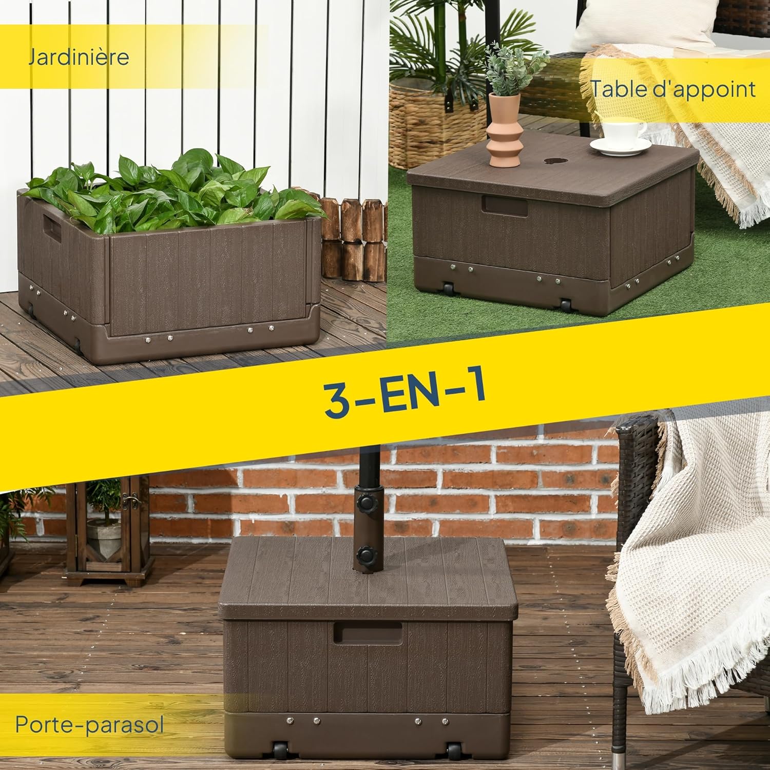 Detalle 2 de Outsunny Pied de Parasol Base de lestage 53 x 53 cm avec Plateau Tables et Jardin – Marron