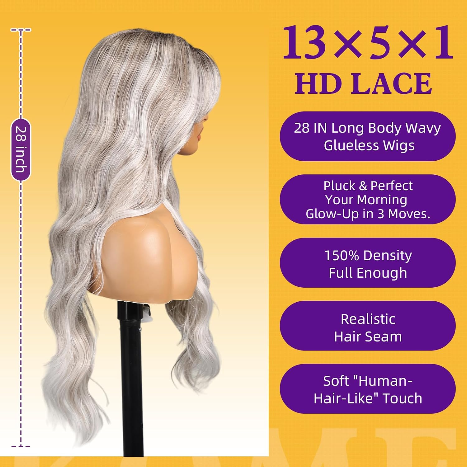 Detalle 2 de KOME Silver Platinum Blonde 28-Inch Synthetic Lace Front Wig with Bangs