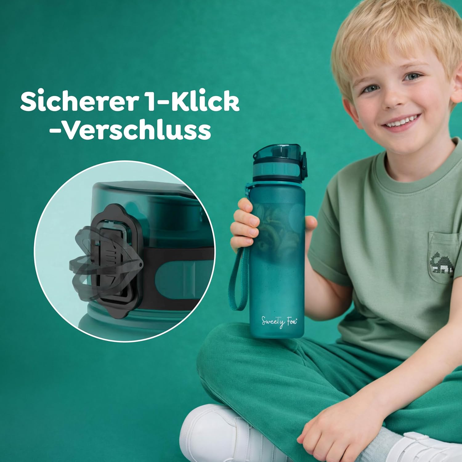 Thumbnail 3 de Sweety Fox Kinder-Trinkflasche mit Kohlensäure 500 ml (grün) – auslaufsicher, One-Click, spülmaschinenfest