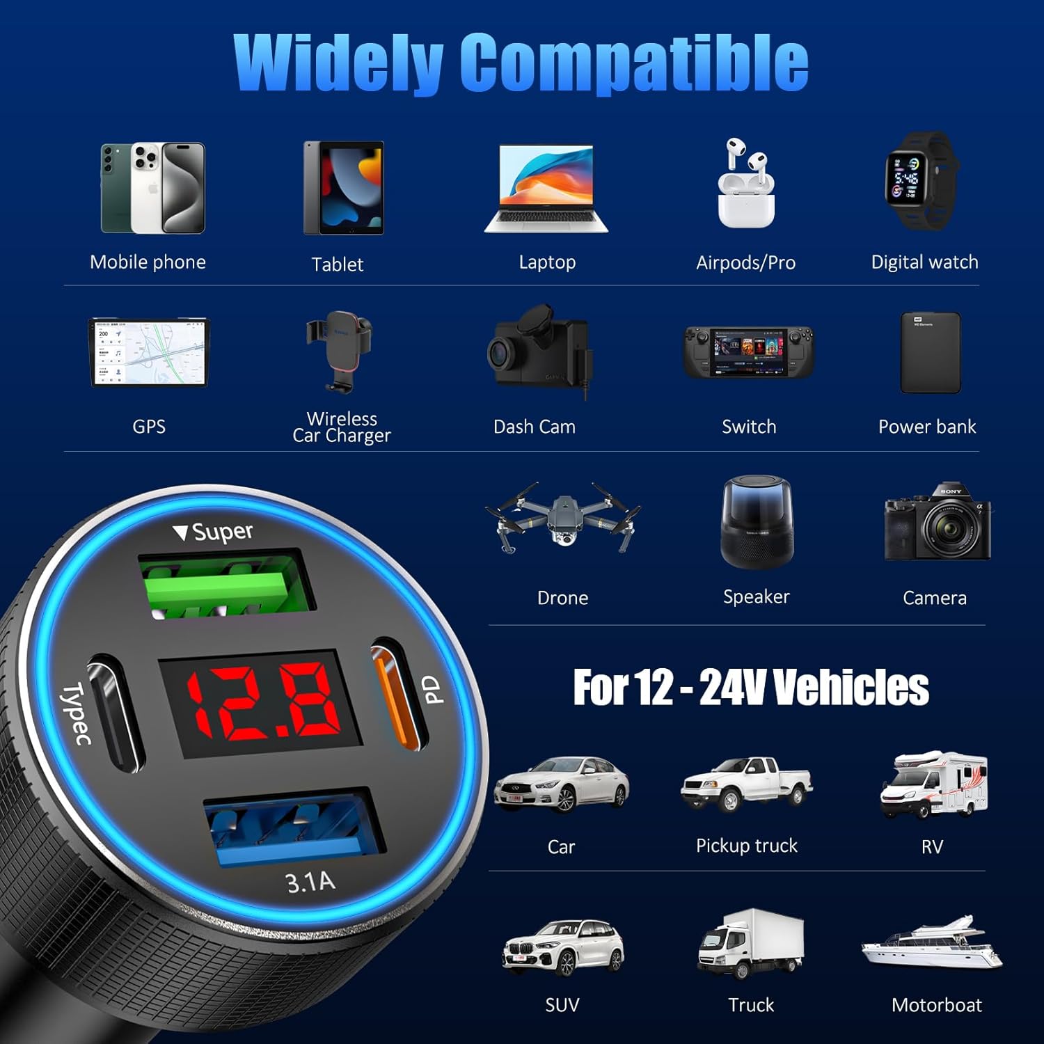 Thumbnail 6 de USB-C Zigarettenanzünder Adapter (12V) mit LED-Voltmeter und 4 Ports – Schwarz & Kabel