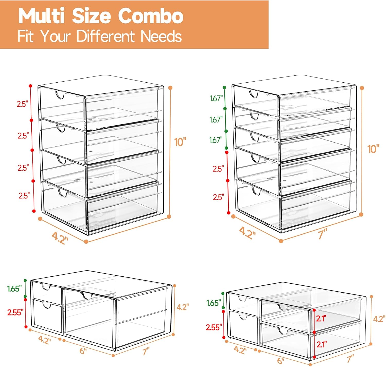 Detalle de DOMNIU DO-ZMSN-3 Acrylic Drawer Organizer, 16 Drawers, Clear 4-Set