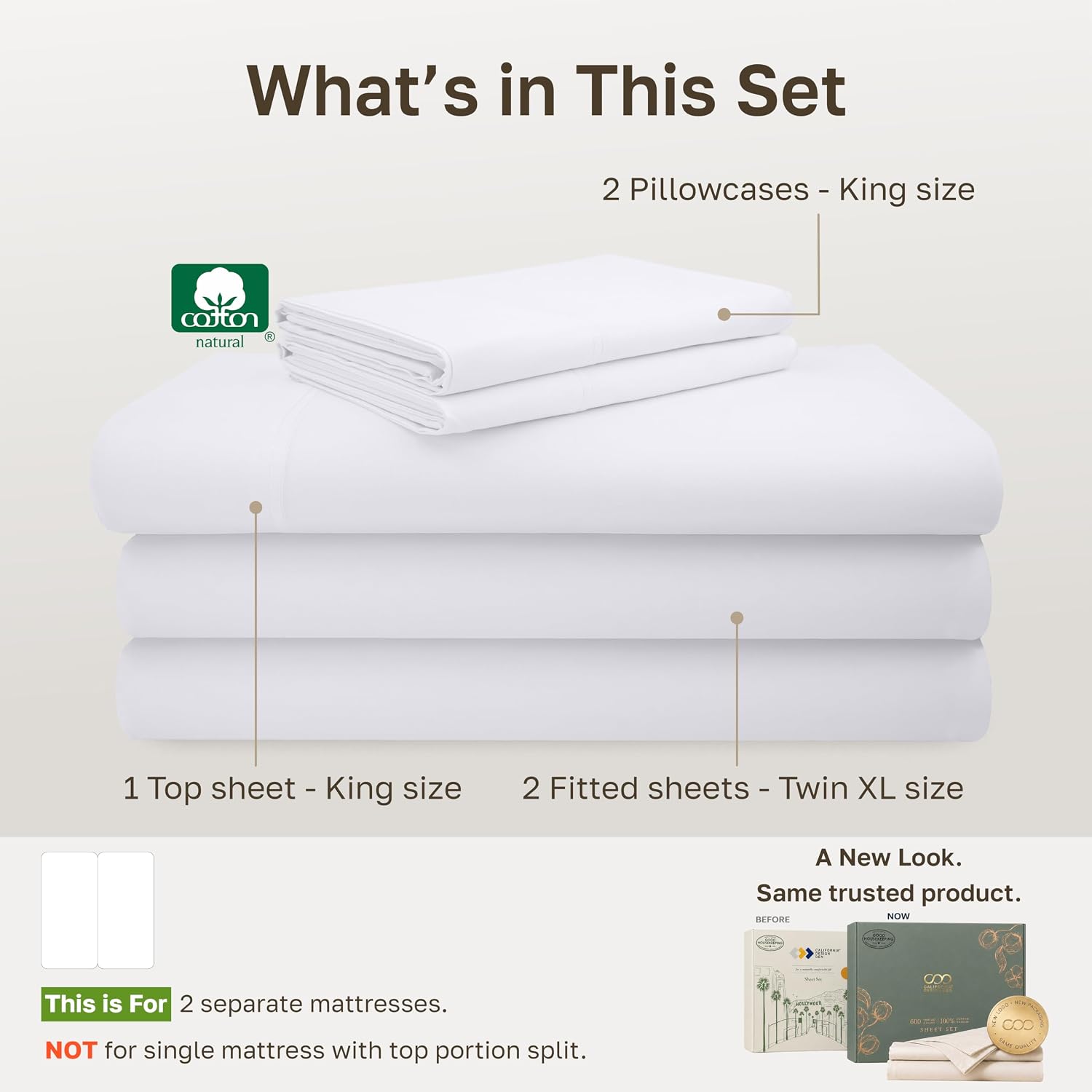 Detalle 2 de California Design Den 840307158451 Split King Sheets, 600-Thread-Count Cotton Sateen