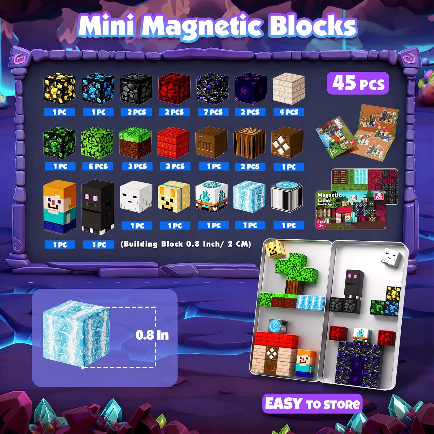 Thumbnail 1 de GraceDuck Magnetic Blocks with Iron Box: Obsidian Nether Portal 45 PCS Travel Set
