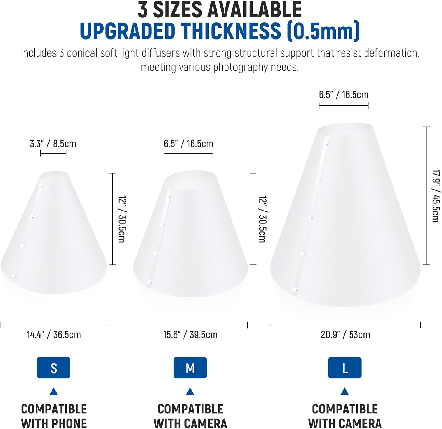 Detalle 2 de NEEWER Pack de 3 cônes lumineux 14/15/20" pour photo flash (NK006) : mini softbox conique anti-ombres