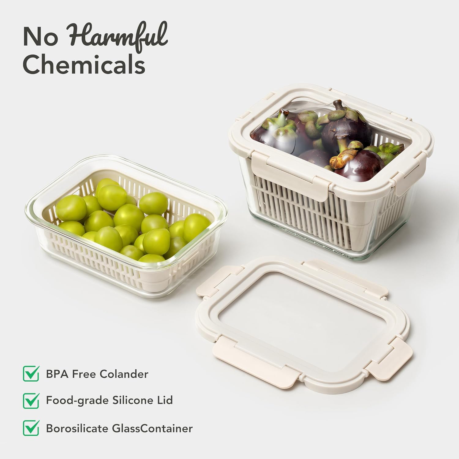 Detalle de GENICOOK Glass Produce Storage Containers for Fridge – 2-Pack with Removable Colanders and Flexible Silicone Lids