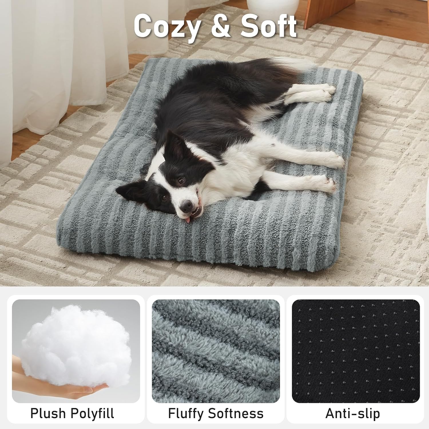 Detalle de Pawk Large Dog Bed Washable – Fluffy Plush Fur Calming Mattress (102 × 69 × 9 cm), Grey