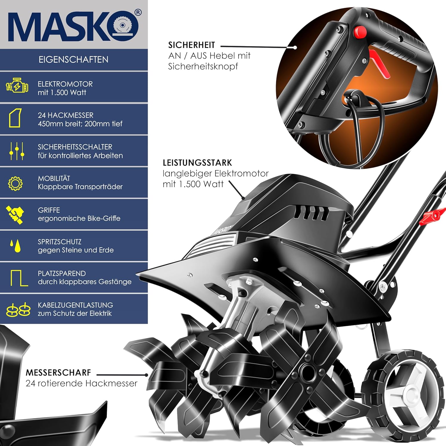 Thumbnail 1 de MASKO® Motorhacke elektrisch mit 1.500 Watt, 45 cm Arbeitsbreite und 20 cm Arbeitstiefe